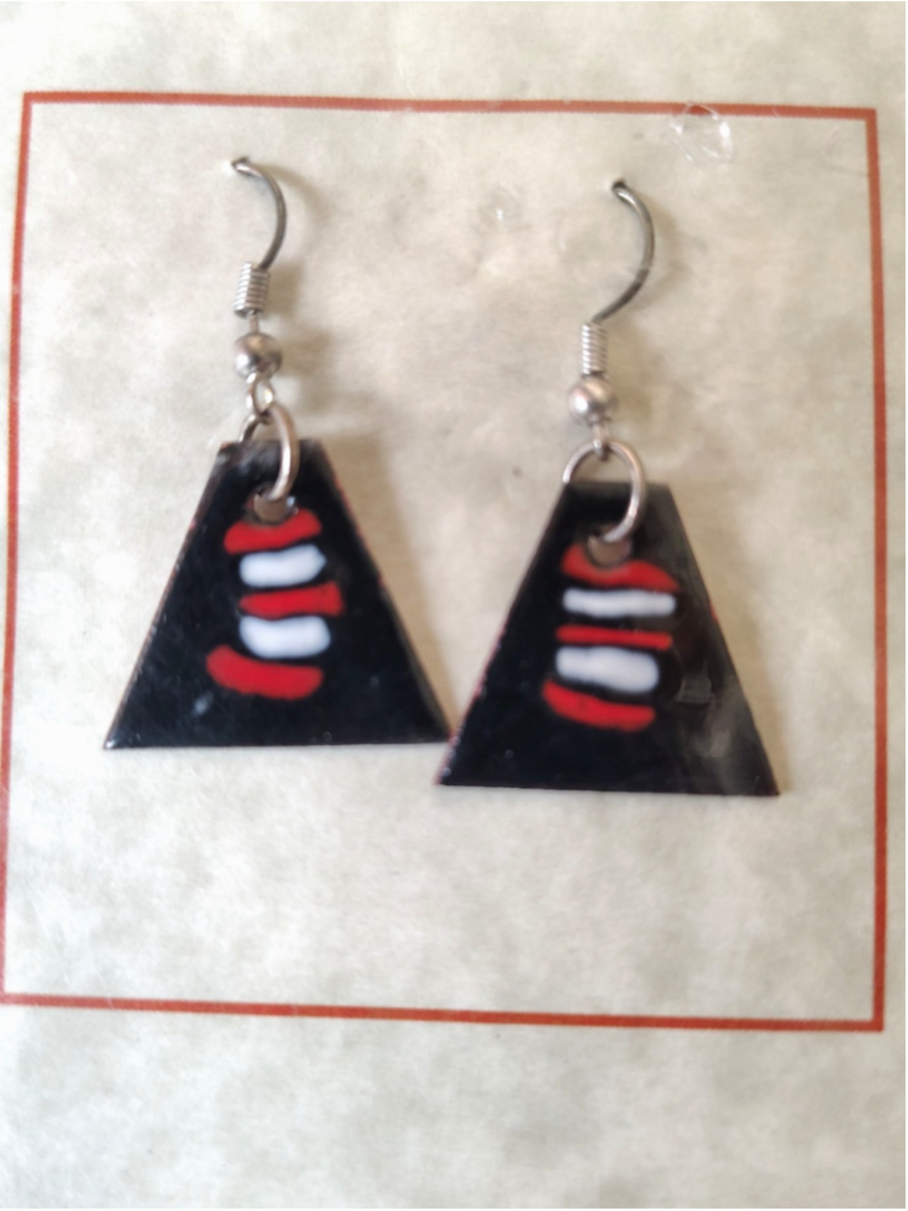 Handmade artisan Enamel On Copper Dangle Earrings Triangles Black Red White